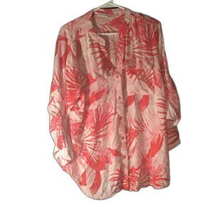 Calvin Klein Plus 1X Pink/White Tropical Palm Print Roll Tab Sleeve Tunic Blouse